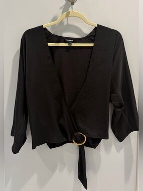 Express Black Wrap Blouse with Gold Ring Tie